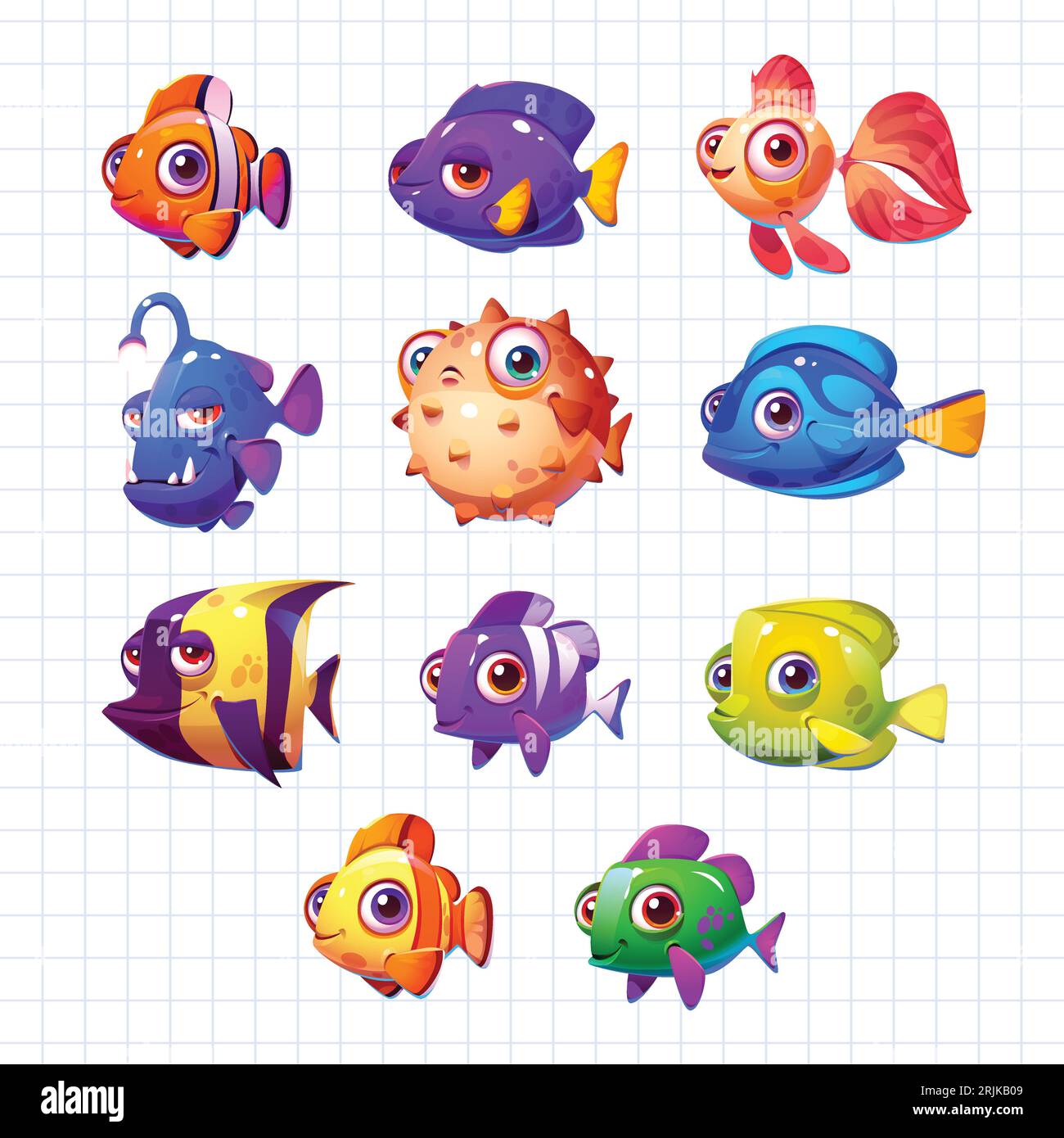 Set di colorati pesci dei cartoni animati su carta a scacchi. Illustrazione vettoriale Illustrazione Vettoriale