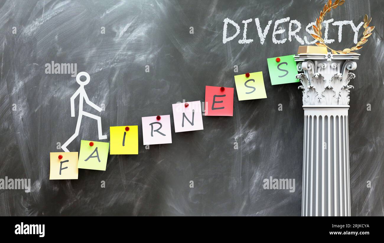 L'equità porta alla diversità - una metafora che mostra come l'equità consenta di raggiungere la diversità desiderata. Simboleggia l'importanza dell'equità e dei caus Foto Stock