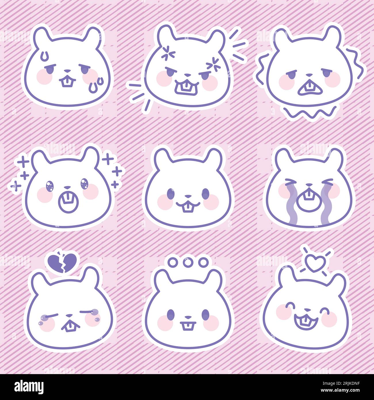 Set di simpatiche emoticon con emozioni diverse su sfondo rosa. Illustrazione Vettoriale