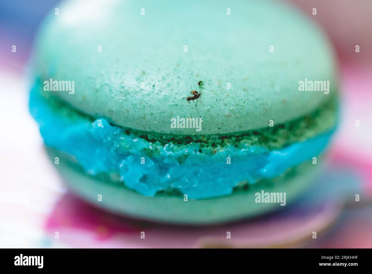 Un'immagine ravvicinata di un delizioso macaron nelle tonalità di blu e verde, posto su un piatto bianco con una forchetta d'argento accanto ad esso Foto Stock