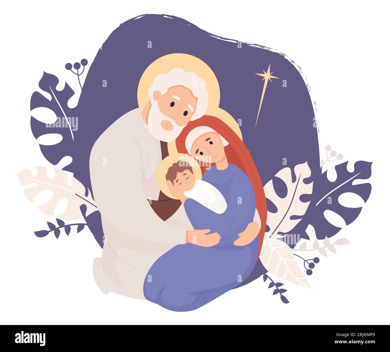 Buon Natale. Sacra famiglia. La Vergine Maria e Giuseppe e il bambino Gesù Cristo. Nascita di Salvatore. Illustrazione vettoriale in stile piatto per il design delle vacanze, dic Illustrazione Vettoriale
