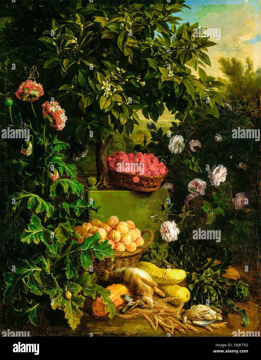 Estate, 1711. Alexandre Francois Desportes, francese, 1661-1743. La scena è piena di flora vibrante, come alte erbe, fiori, alberi, arbusti, Foto Stock