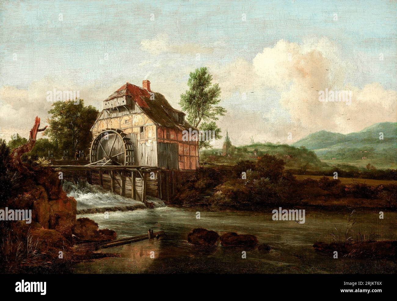 Paesaggio con mulino ad acqua, CA. 1680. Jacob Isaaksz van Ruisdael, olandese, 1628 o 1629-1682. Il paesaggio con un mulino ad acqua è un dipinto a olio su tela Foto Stock
