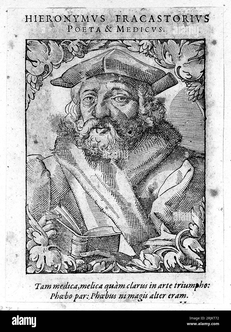 Hieronymus Fracastorius. Woodcut di T. Stimmer, 1589, dopo F. Torbido. Hieronymus Fracastorius è stato un poeta e medico italiano del XVI secolo. E' lui Foto Stock
