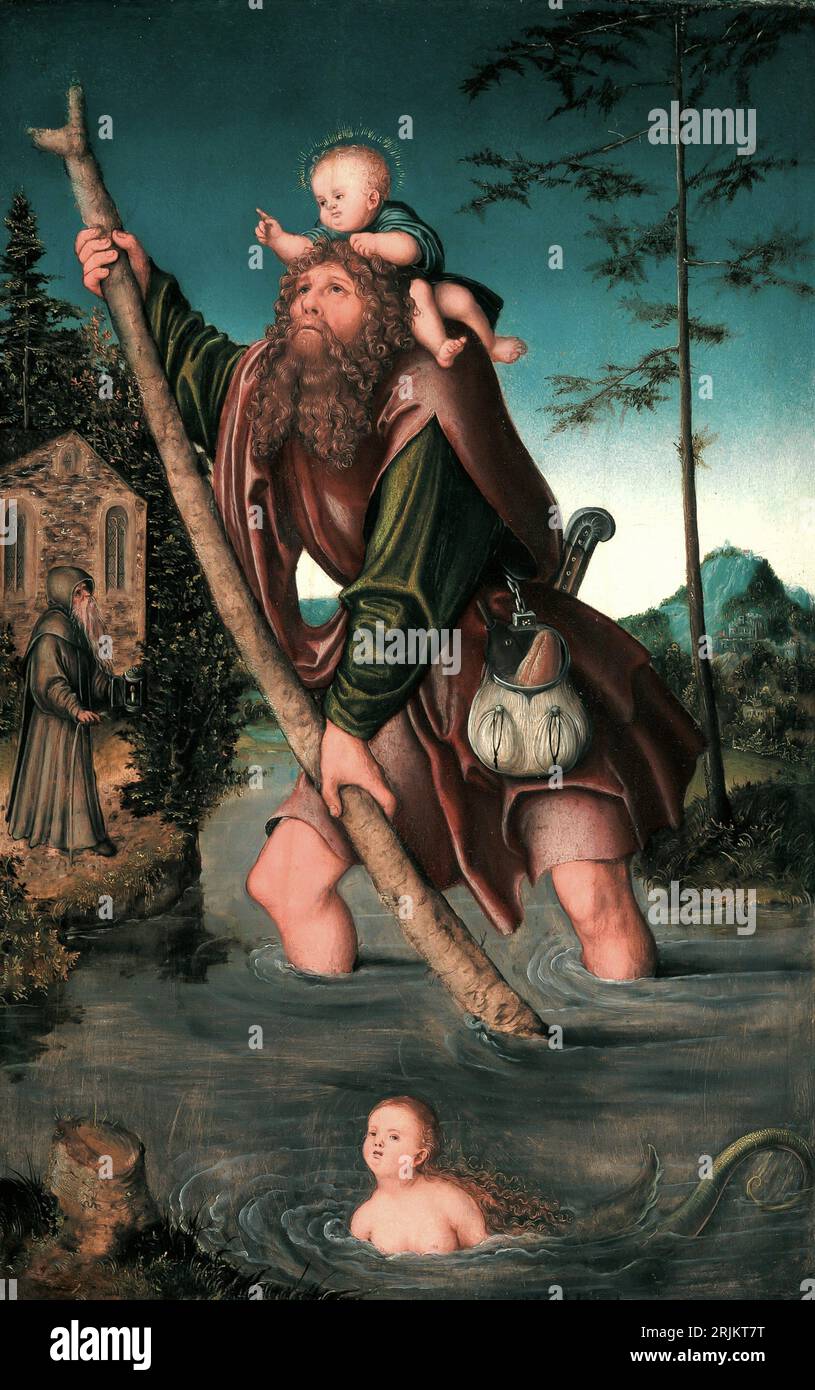 Saint Christopher, tra il 1518 e il 1520. Lucas Cranach il Vecchio, tedesco, 1472-1553. La pittura religiosa è un tipo di pittura dove spirituale, Foto Stock