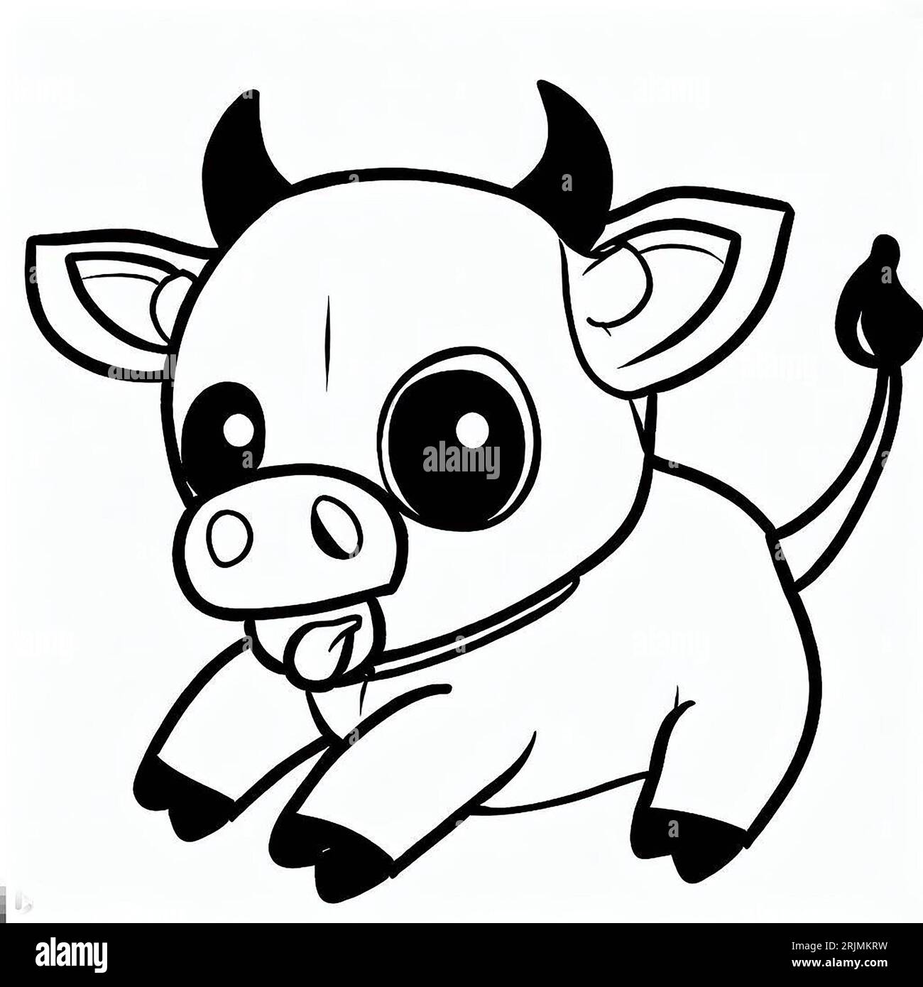 Illustrazione monocromatica di un'adorabile mucca in piedi sulle zampe posteriori con la bocca spalancata, che guarda lateralmente Foto Stock