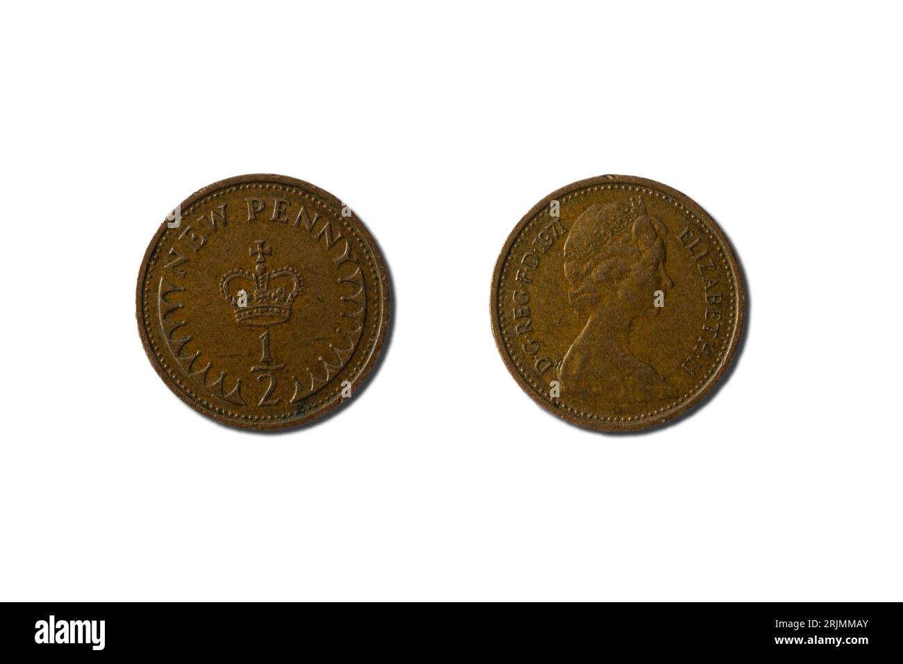 Una moneta britannica da mezzo penny del 1971 con un ritratto della regina Elisabetta II Foto Stock