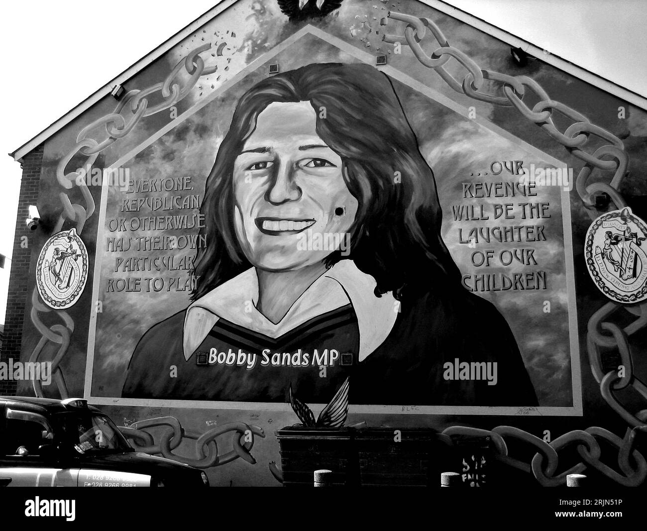 Bobby Sands Mural, Falls Road, Belfast, Irlanda del Nord, Regno Unito. Foto Stock