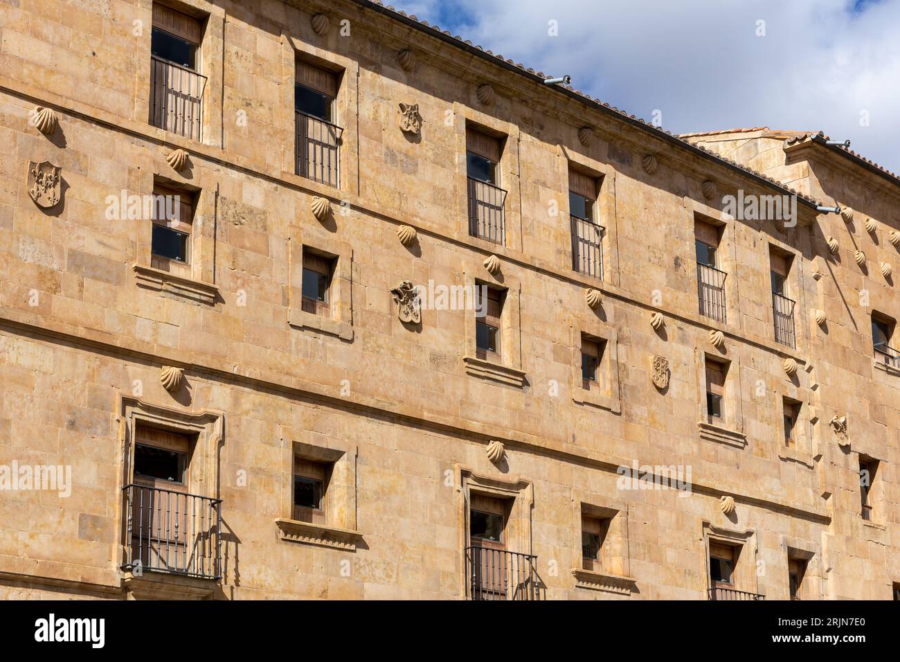 Casa de las Conchas a Salamanca, Spagna, facciata decorata con sculture a conchiglia, stile gotico, finestre e stemmi. Foto Stock