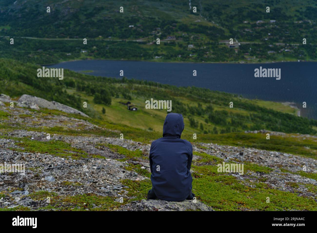 Vista posteriore bambino seduto da solo su una roccia grigia, guarda giù la montagna verso la verde valle e il lago blu. Europa settentrionale Gjevilvatnet Norvegia Foto Stock