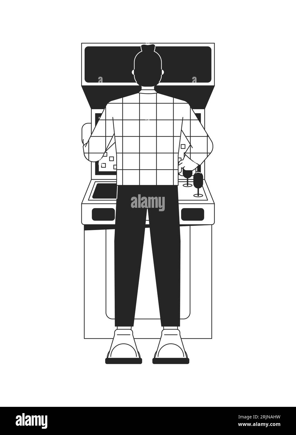 Giovane che gioca a un personaggio vettoriale arcade a linea piatta in bianco e nero Illustrazione Vettoriale