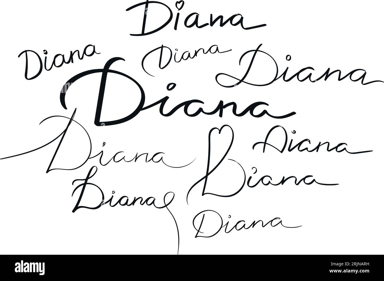 Nome femminile Diana scritto in diverse sceneggiature. Nome della ragazza scritta a mano con caratteri calligrafici tipografici. Arte vettoriale Illustrazione Vettoriale
