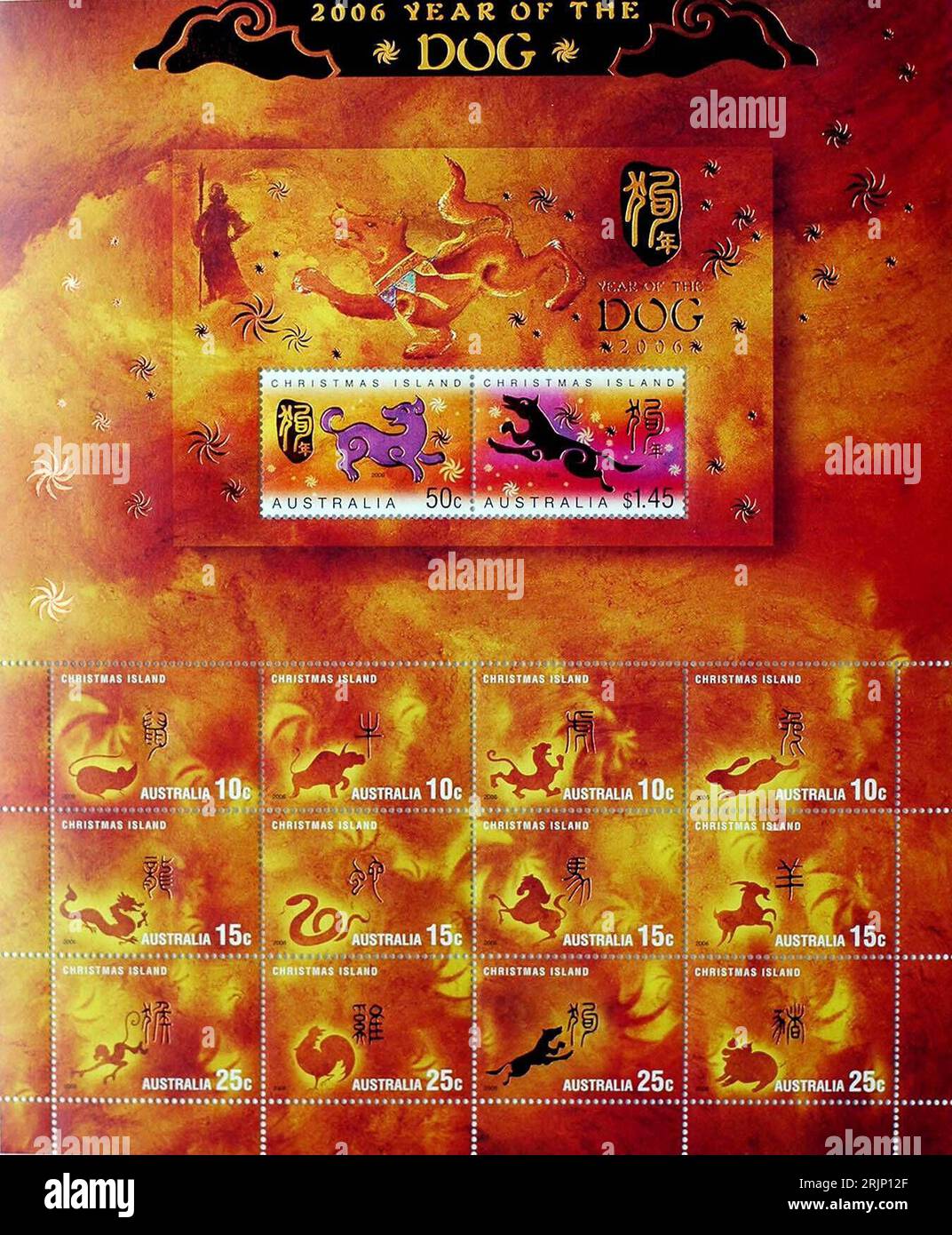 Bildnummer: 51047956 Datum: 05.01.2006 Copyright: imago/Xinhua Bogen mit Briefmarken anlässlich des Jahres des Hundes - Sondermarken der Australischen Post mit den chinesischen Tierkreiszeichen - Canberra - PUBLICATIONxNOTxINxCHN , Objekte; 2006, Canberra, Briefmarke, Postwertzeichen, Stempel, Sondermarke, Sonderpostwertzeichen, gestempelt, abgestempelt, Schriftzug, Year of the Dog, chinesisches, chinesische; , hoch, Kbdig, Einzelbild, Australien, Foto Stock