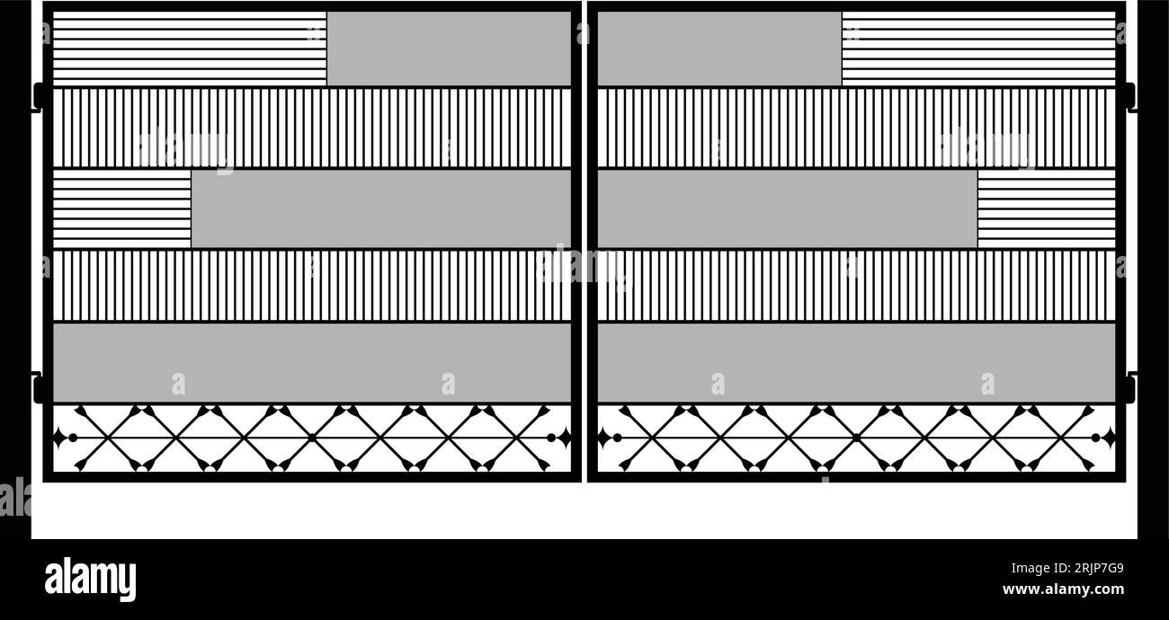 Moderni cancelli forgiati, icone dei cancelli, insegne dei portali, cancelli decorativi in metallo con volantini, frecce e ornamenti, illustrazione vettoriale Illustrazione Vettoriale