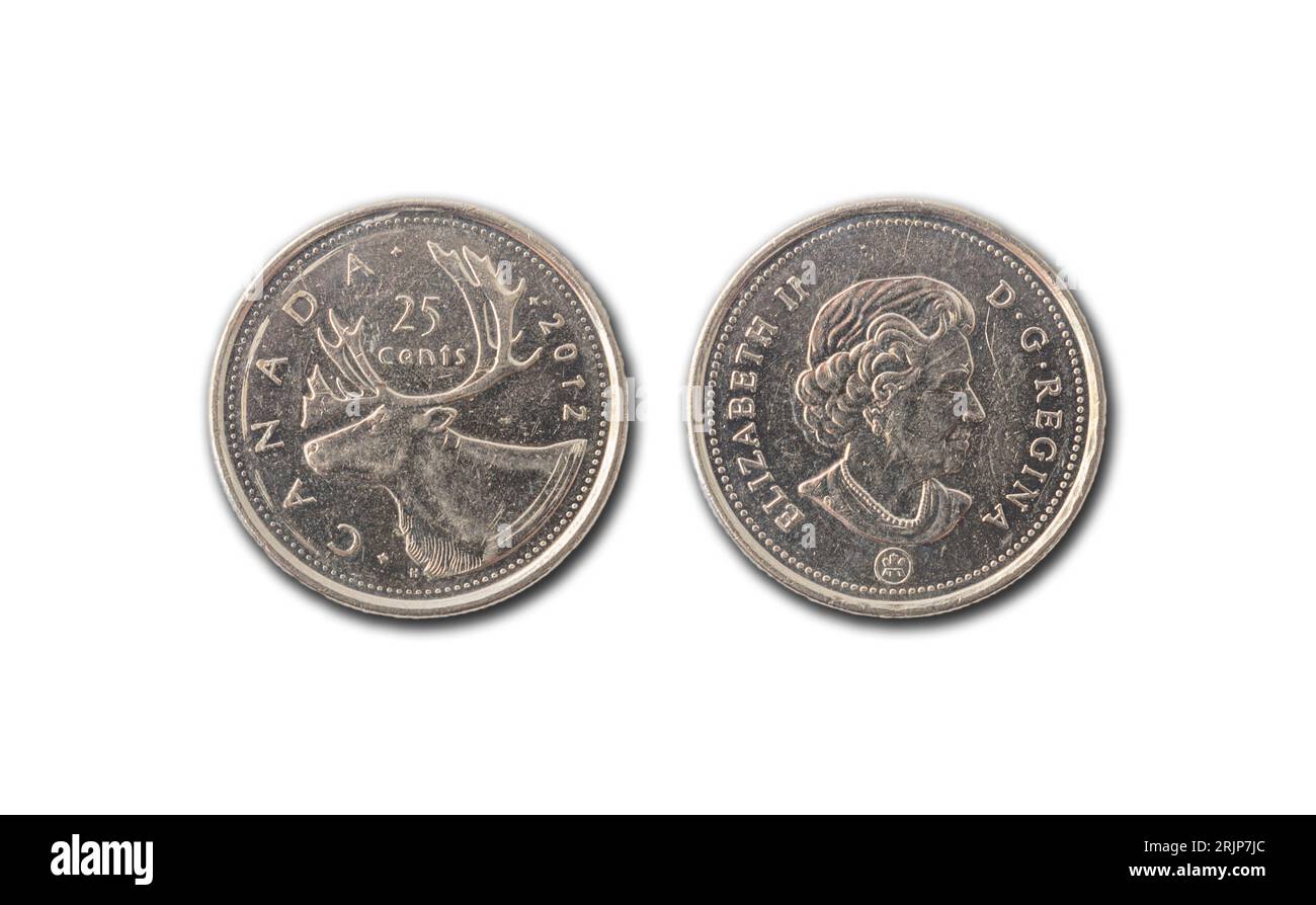 Un primo piano di monete da cent canadesi con il ritratto di sua Maestà la Regina Elisabetta II Foto Stock