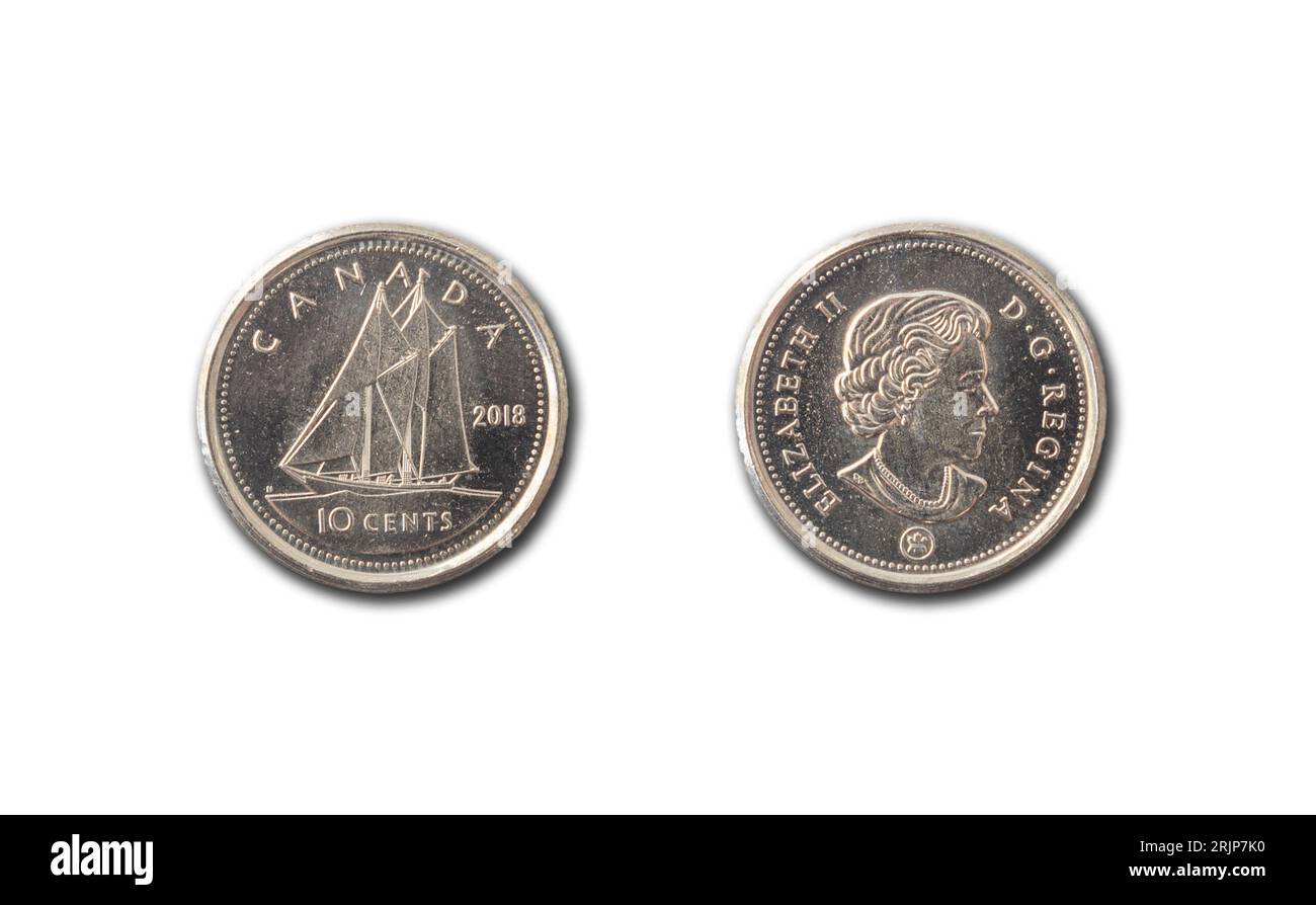 Un primo piano di monete da cent canadesi con il ritratto di sua Maestà la Regina Elisabetta II Foto Stock