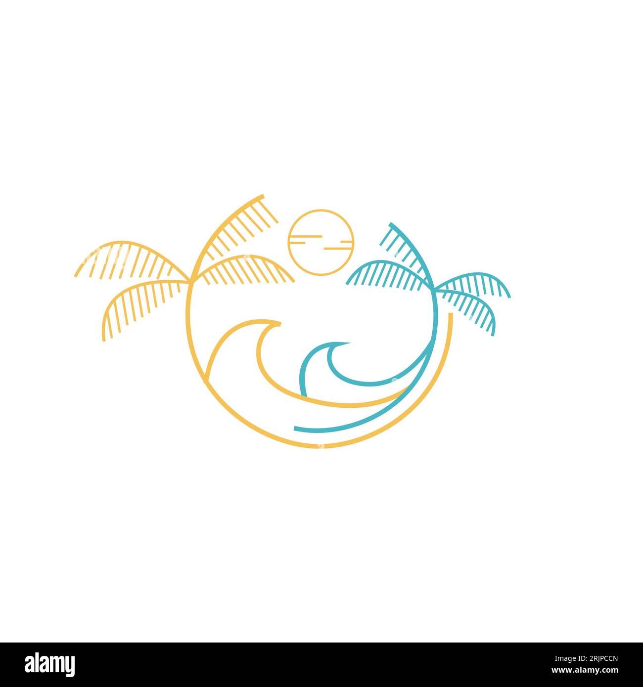 Grafica con logo palme estive, semplice illustrazione vettoriale, icona, modello di grafica tropicale. Logo Art Tropical Island line minimalista vecto semplice Illustrazione Vettoriale