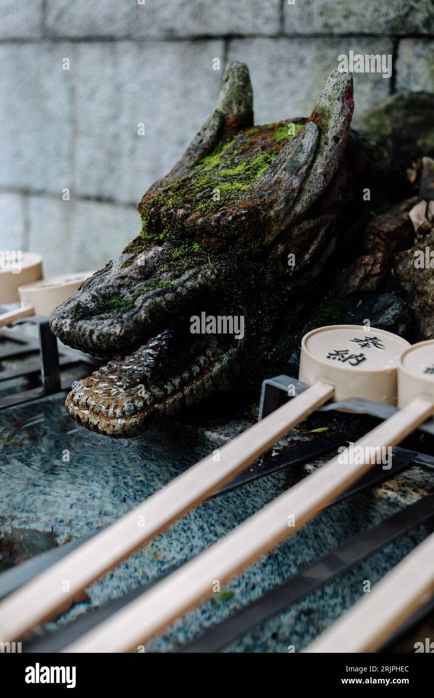 Una fotografia ravvicinata di una statua di drago arroccata in cima a un tavolo con alcuni oggetti di legno Foto Stock