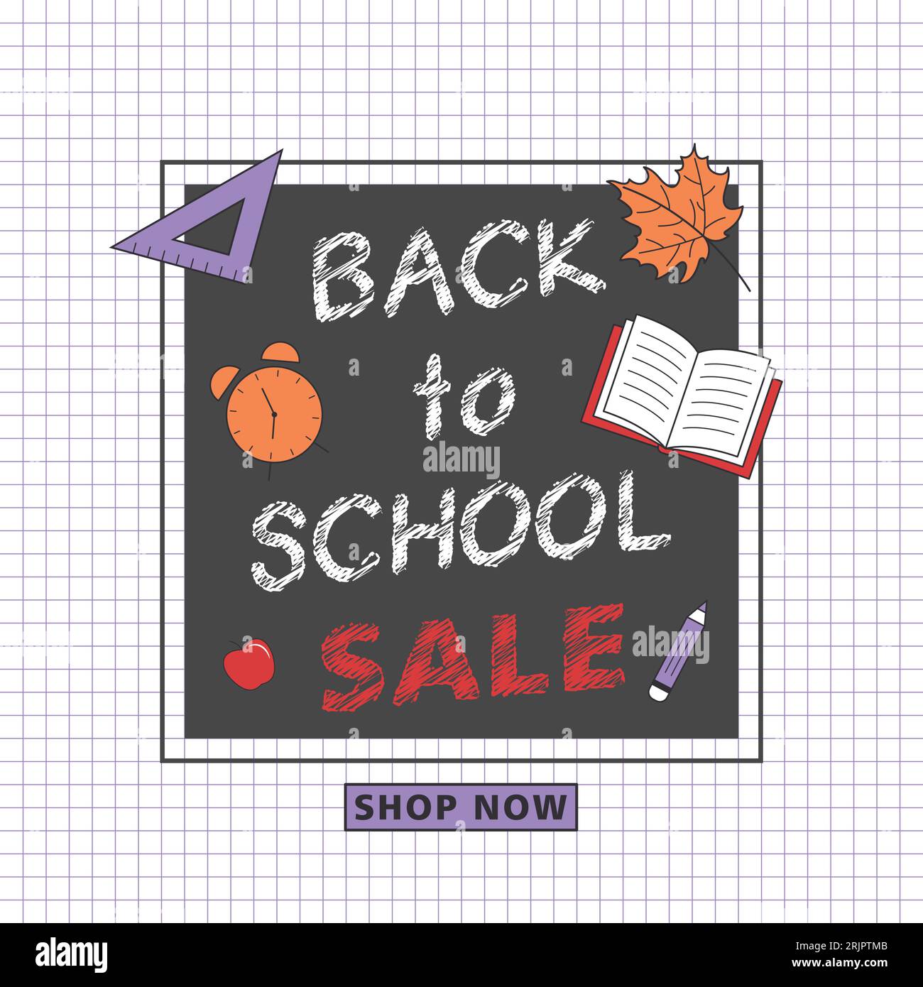 Banner vettoriale Back to School sullo sfondo a scacchi. Con lavagna grigio scuro e bottone viola acquista ora Illustrazione Vettoriale