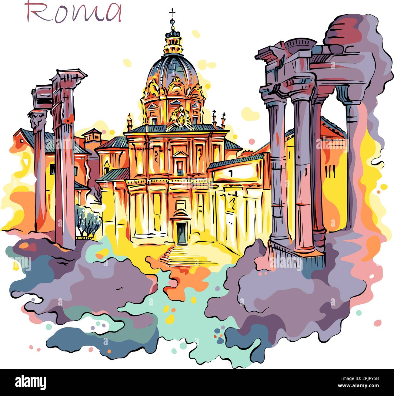 Vista vettoriale delle antiche rovine del foro Romano nella città vecchia di Roma, Italia Illustrazione Vettoriale