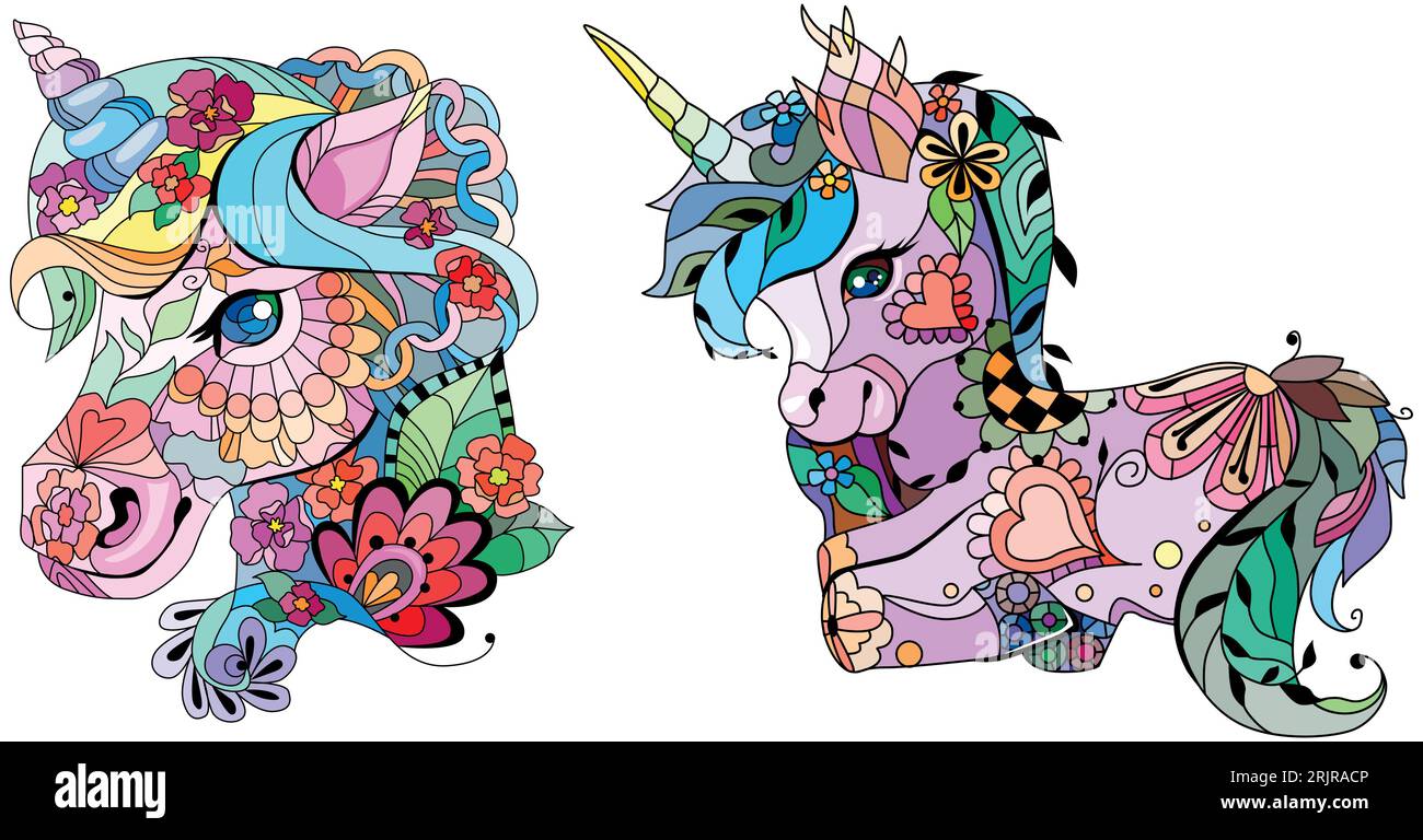 Unicorni in stile zentangle. Può essere utilizzato per la stampa su t-shirt, carta da parati o poster. Illustrazione Vettoriale