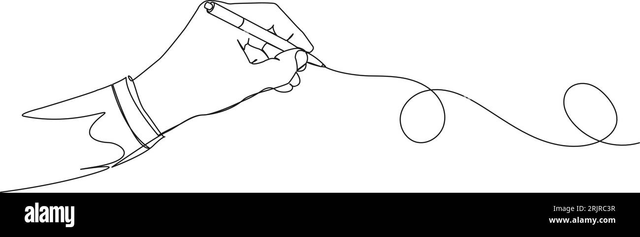 disegno continuo a linea singola della penna a sfera che regge la mano disegna una linea, illustrazione vettoriale della grafica lineare Illustrazione Vettoriale