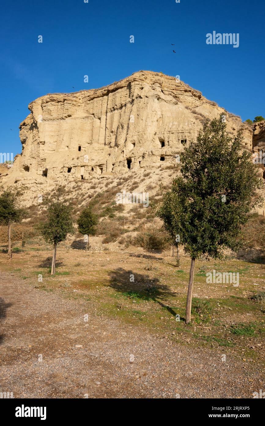 Una vista panoramica delle grotte di Arguedas in Spagna Foto Stock