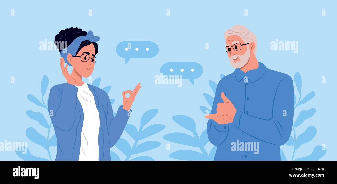 Giornata Internazionale dei sordi. Un paio di persone anziane sorde e silenziose che usano il linguaggio dei segni per comunicare. Un uomo e una donna con problemi uditivi de Illustrazione Vettoriale