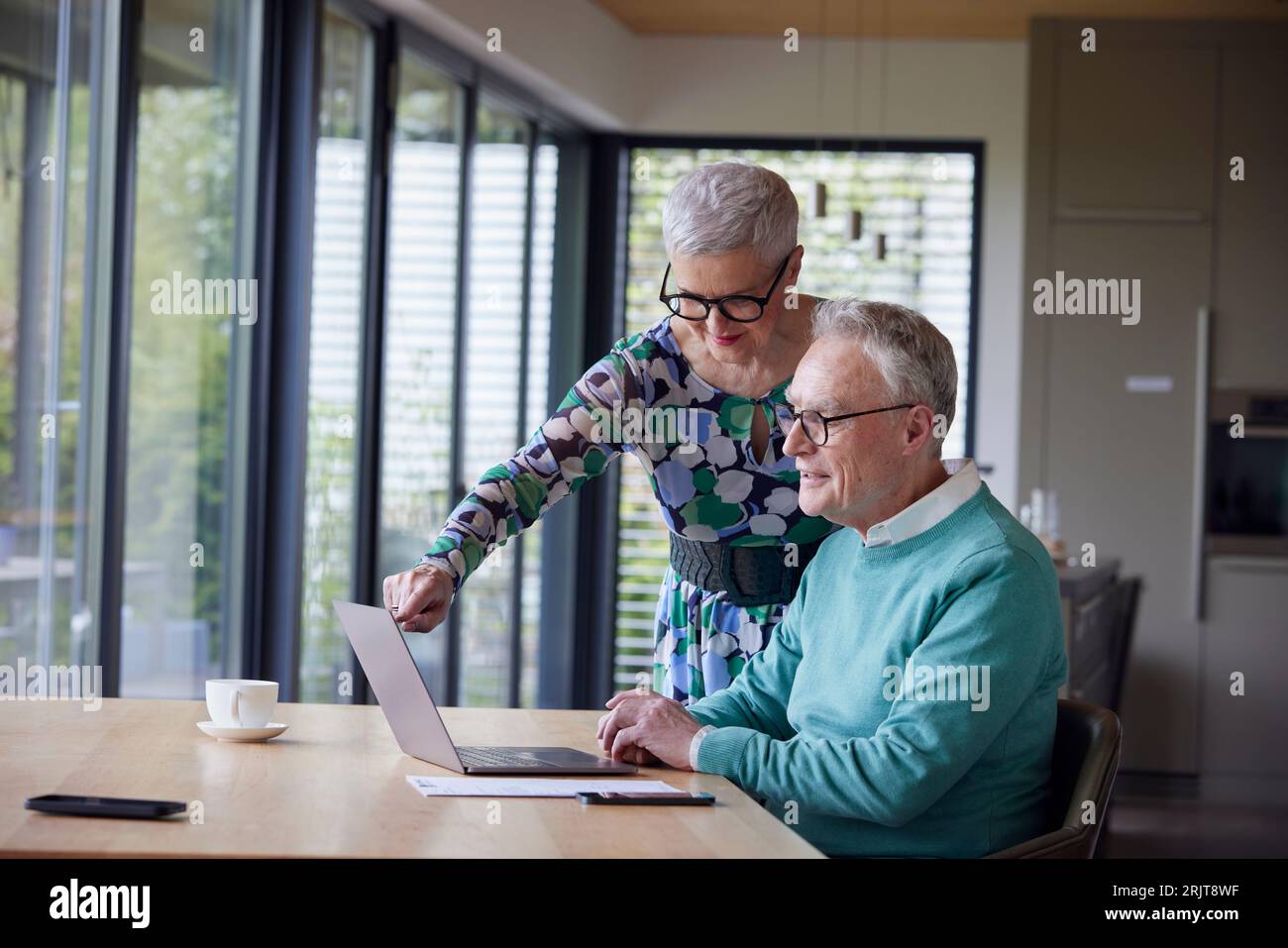 Coppia anziana che usa il notebook a casa Foto Stock