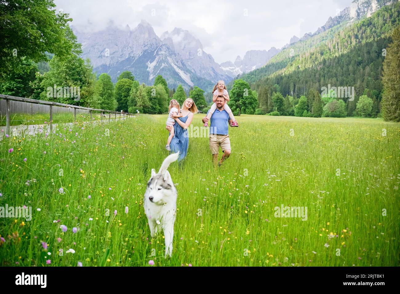 Vacanze in famiglia con cani che camminano sull'erba di fronte alle montagne Foto Stock