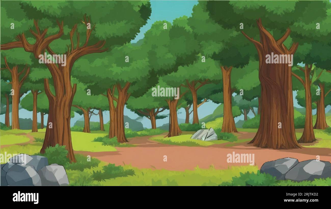 Una scena boschiva di cartoni animati con rocce e alberi, sfondo forestale Illustrazione Vettoriale