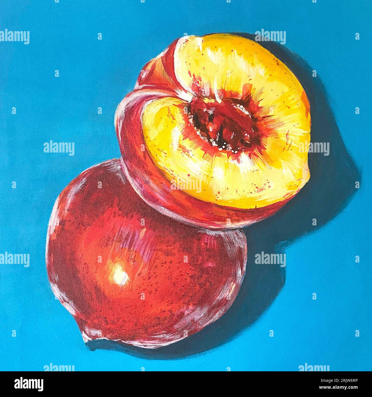 Pesche mature, intere e a fette. Illustrazione della mesh interamente modificabile a mano. Foto Stock