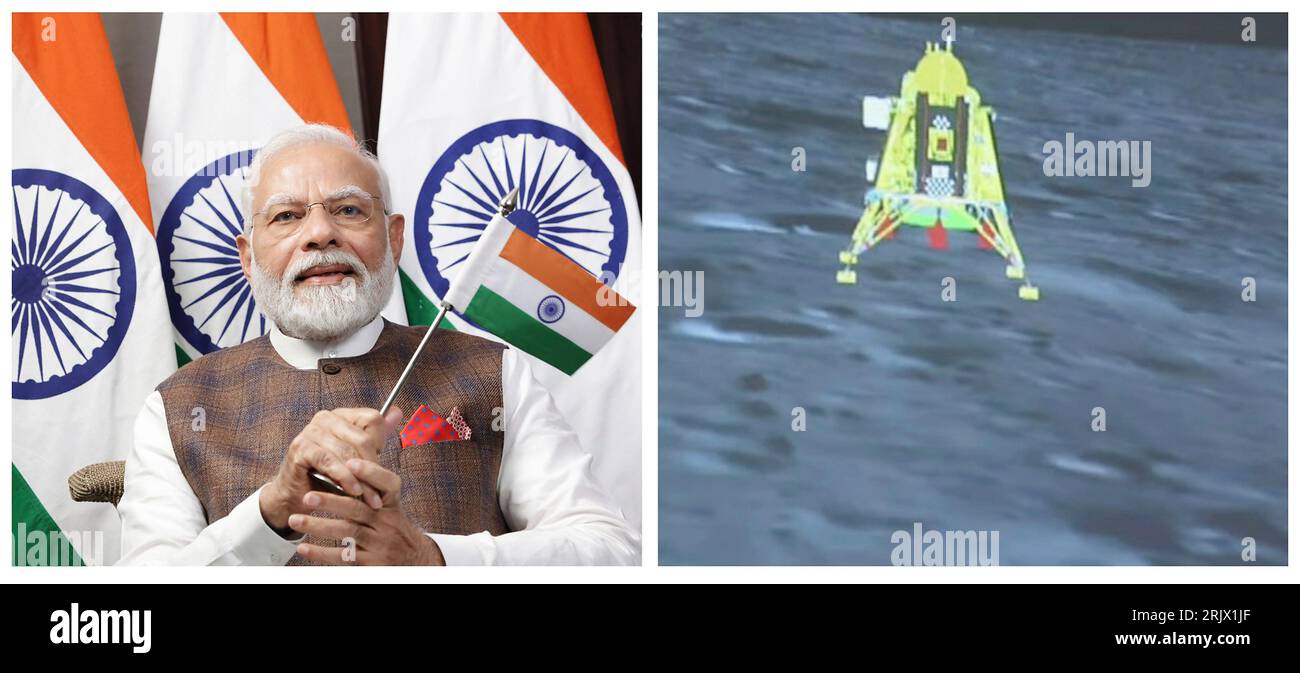Johannesburg, Sudafrica. 23 agosto 2023. Il primo ministro indiano Narendra modi sventola una bandiera indiana mentre guarda il successo dello sbarco senza equipaggio del Chandrayaan 3 sul Polo Sud della Luna tramite collegamento video a schermo diviso dal 15° vertice BRICS, il 23 agosto 2023 a Johannesburg, in Sudafrica. Credito: Naveen Jora/PMO/Ufficio informazioni stampa/Alamy Live News Foto Stock