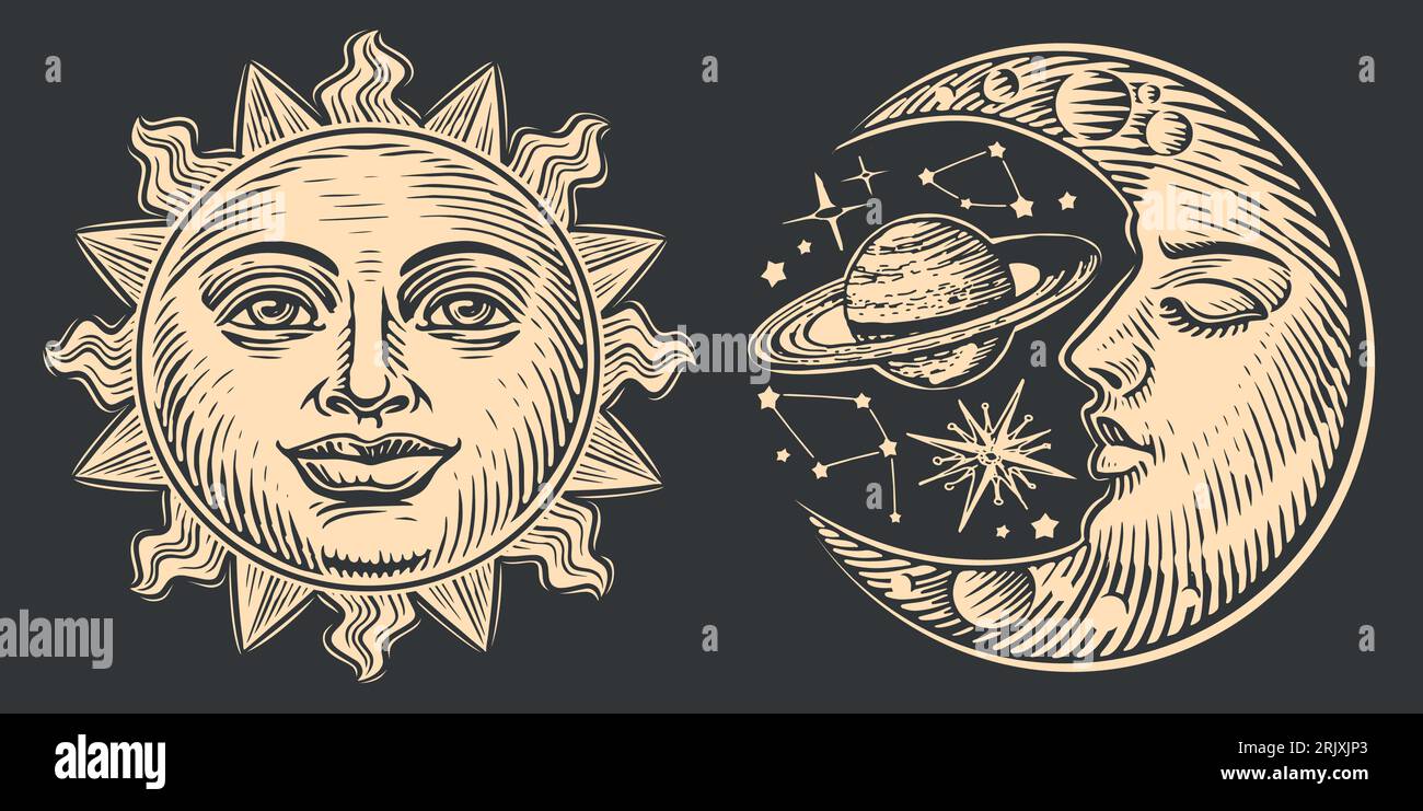 Luna e Sole con volto stilizzato come incisione. Giorno e notte. Illustrazione vettoriale disegnata a mano astrologia Illustrazione Vettoriale