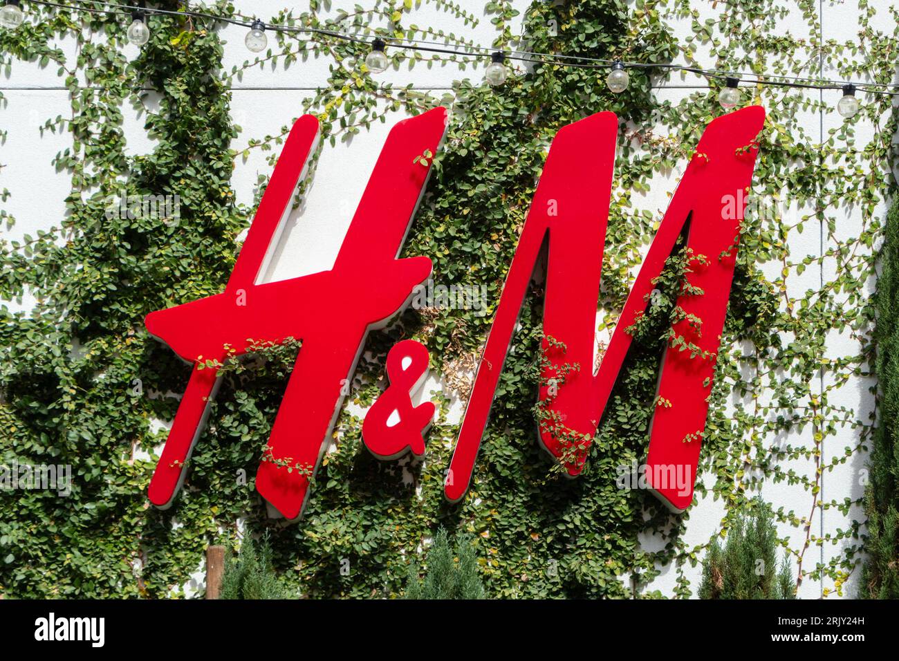 Logo rosso H&M store a Palm Springs, California, USA, circondato da piante vegetali Foto Stock