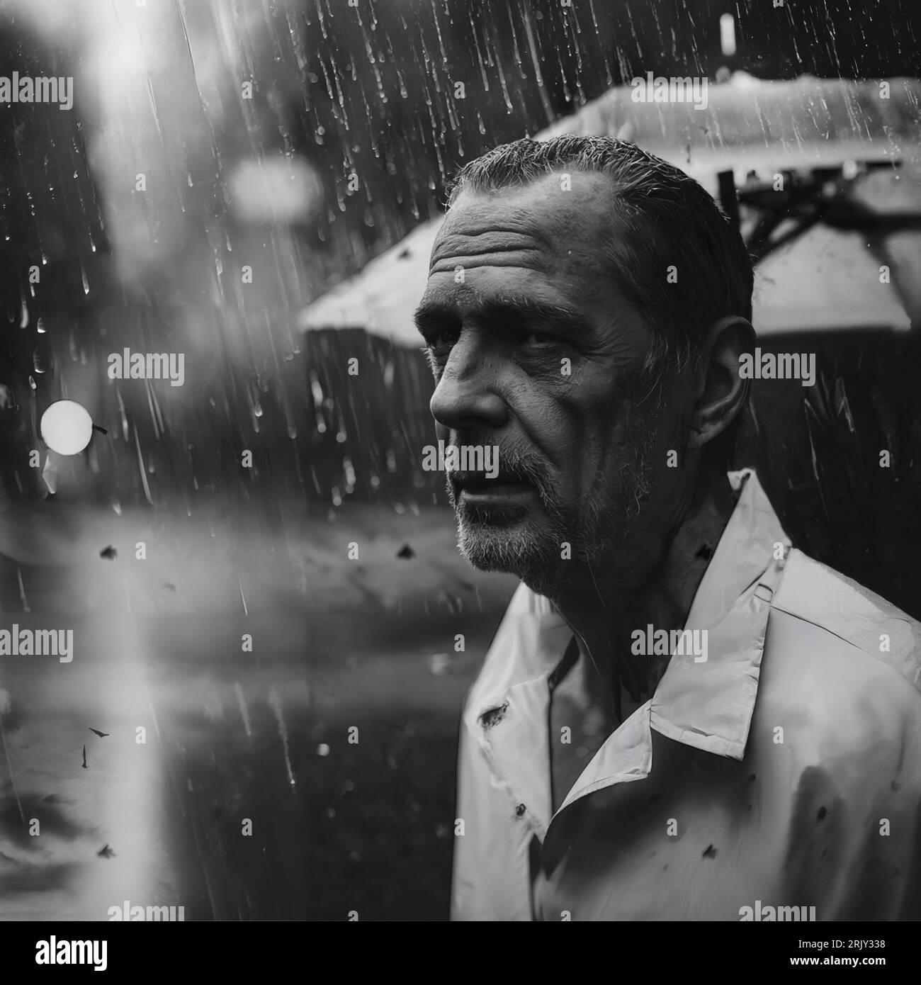 Un uomo in piedi sotto la pioggia con un ombrello sulla testa e uno sfondo sfocato dietro di lui è un lampione stradale Foto Stock