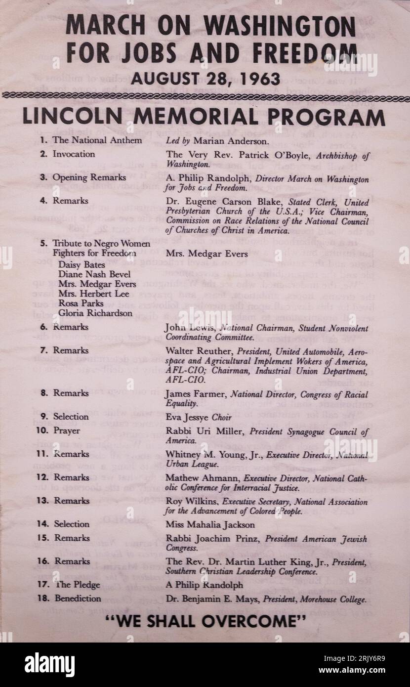 Marzo su Washington for Jobs and Freedom Lincoln Memorial programma agosto 28 1963 Foto Stock