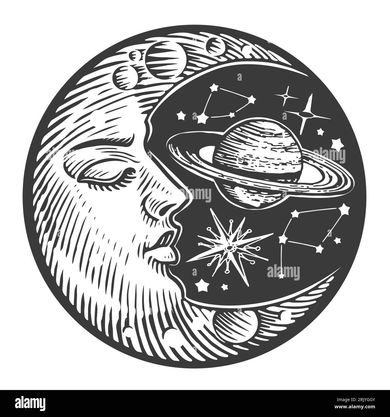 Luna a mezzaluna e stelle in incisione d'epoca. Illustrazione del design in stile boho Foto Stock