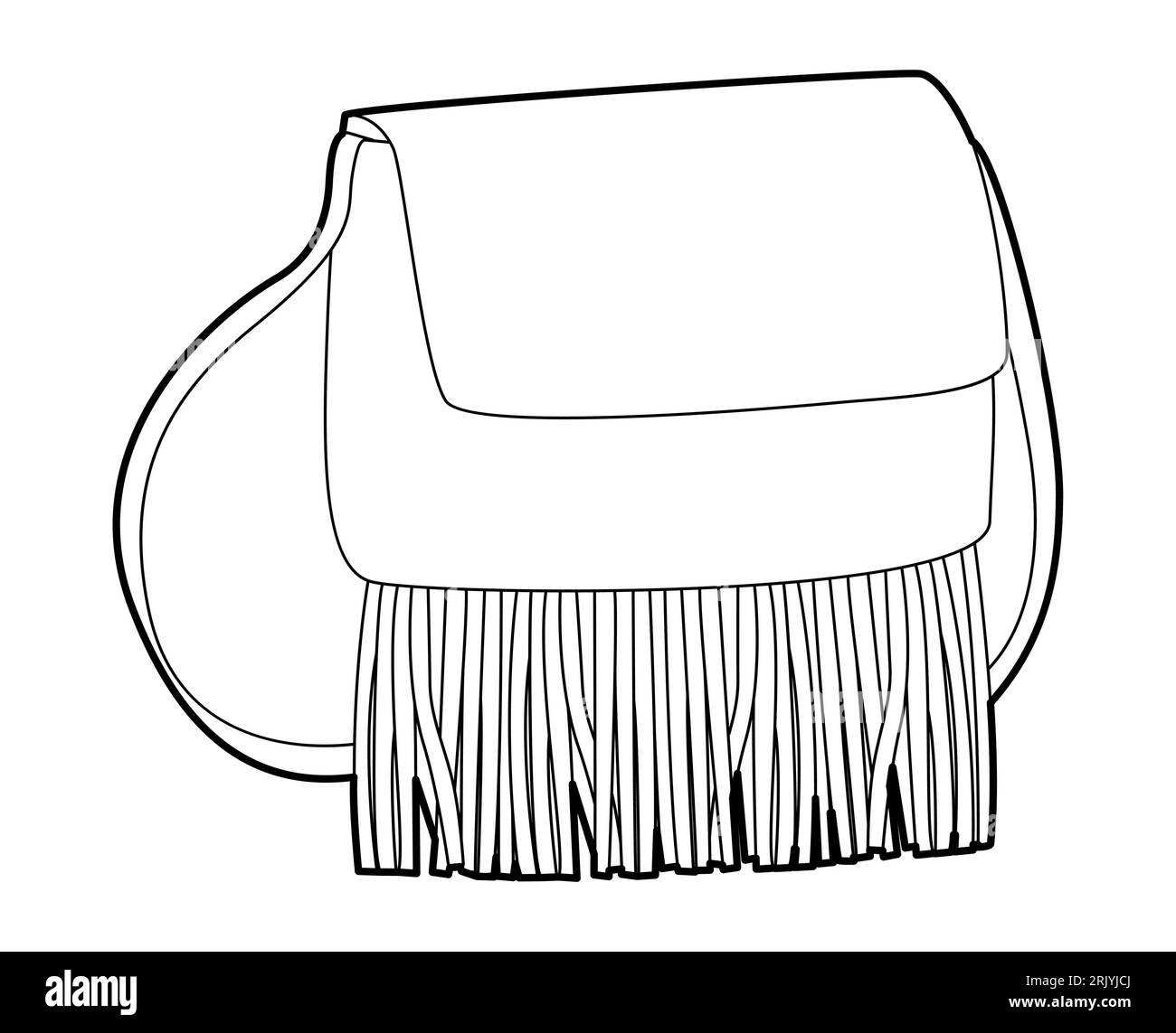 Borsa medica tracolla con nappine con silhouette a sella e frange. Illustrazione tecnica degli accessori moda. Borsa a mano Vector per uomo, donna, unisex, borsetta piatta con disegno di disegno CAD isolato Illustrazione Vettoriale