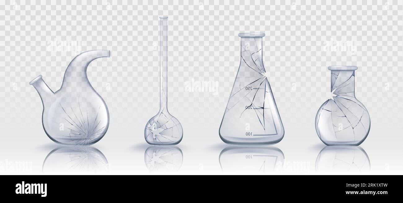 Matracci di misurazione chimica da laboratorio in vetro rotto e provette per analisi in set di illustrazioni vettoriali realistiche. Vetreria da laboratorio rotta con crepe, fori e dispersioni. Attrezzature scientifiche distrutte e schiacciate Illustrazione Vettoriale