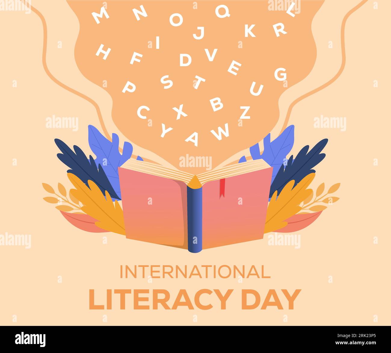 il concetto di design illustrativo del giorno di alfabetizzazione con le foglie e l'alfabeto escono dal libro Illustrazione Vettoriale