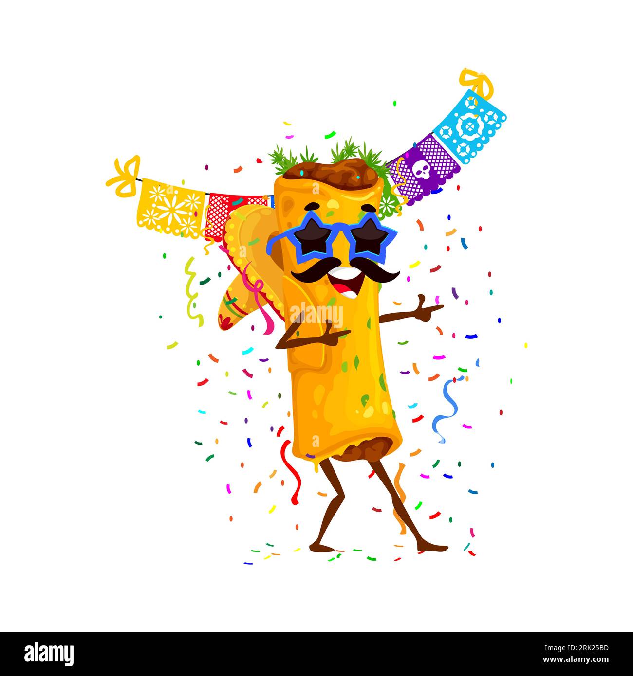 Enchilados messicano Tex Mex durante le feste di vacanza. Festa di compleanno festa cartone animato vettore allegro personaggio di enchilados di cibo messicano Illustrazione Vettoriale
