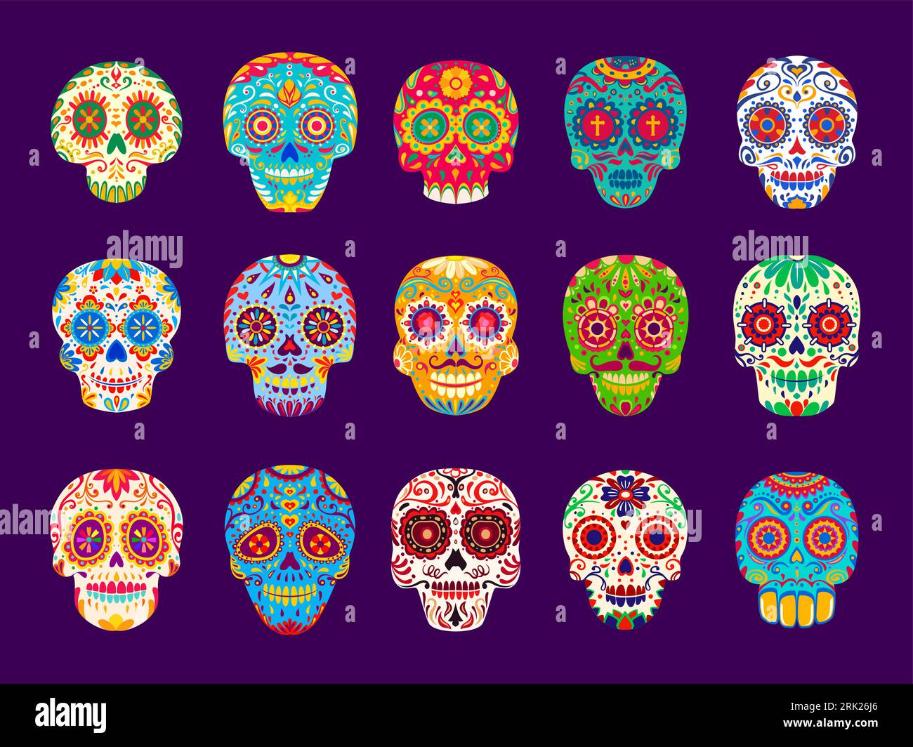 Mexican calavera sugar skulls. Dia de los muertos holiday funny characters. Cartoon vector set of human craniums adorned with flowers and floral patte Illustrazione Vettoriale
