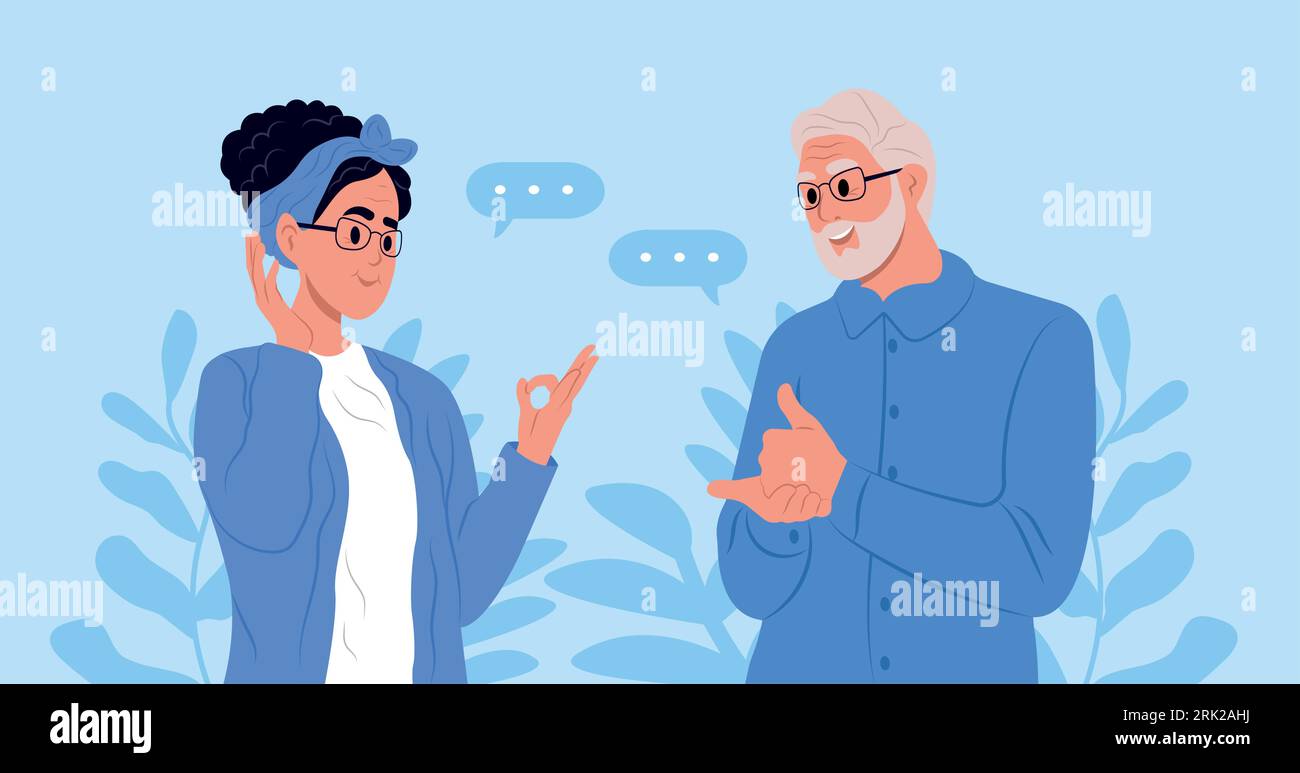 Giornata internazionale delle lingue dei segni. Un paio di persone anziane sorde e silenziose che usano il linguaggio dei segni per comunicare. Un uomo e una donna con l'udito Illustrazione Vettoriale