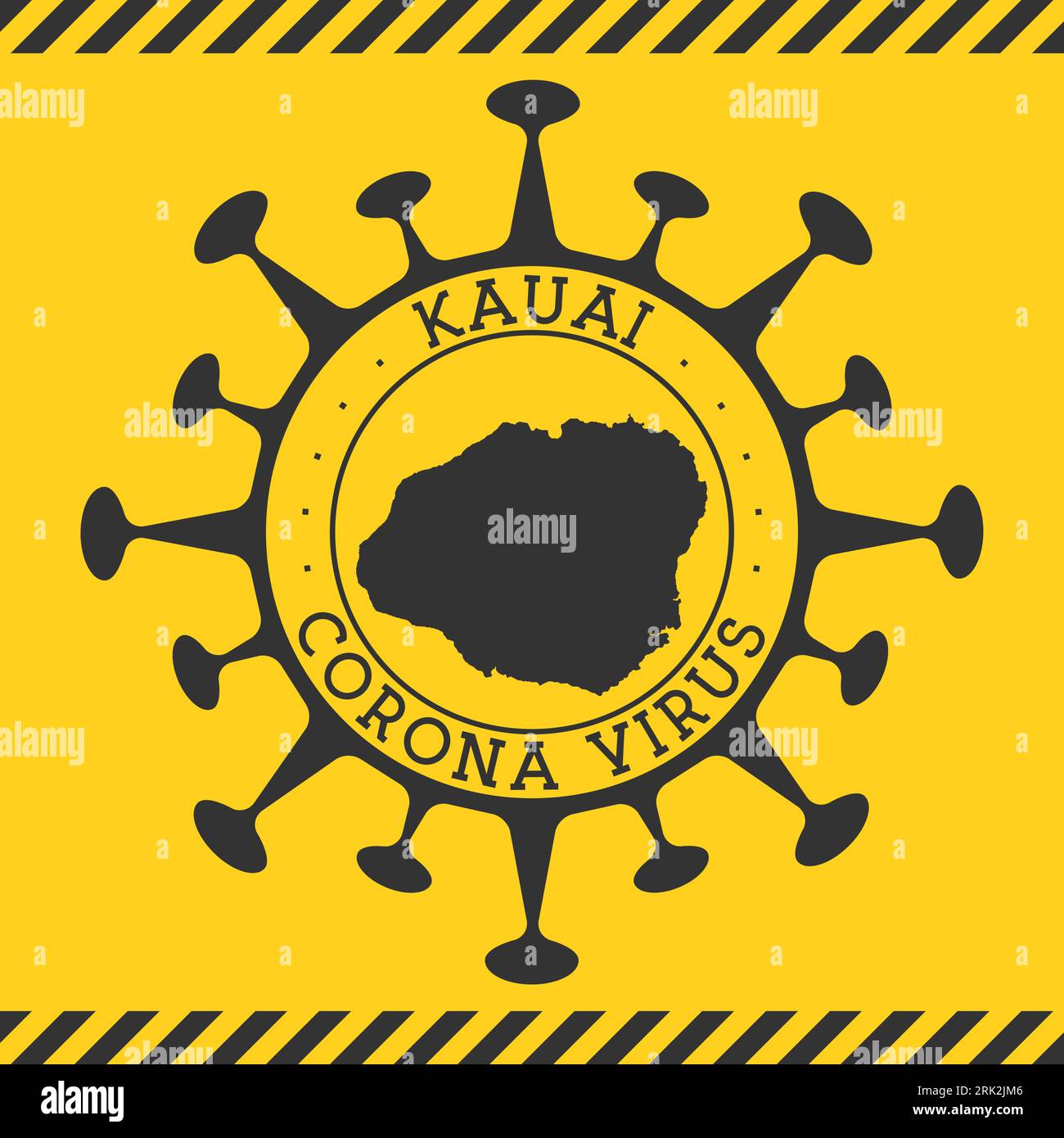 Coronavirus in segno di Kauai. Distintivo rotondo con forma di virus e mappa di Kauai. Timbro di blocco per l'epidemia dell'isola gialla. Illustrazione vettoriale. Illustrazione Vettoriale