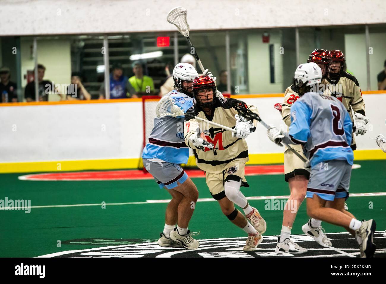 Edmonton, Canada. 22 agosto 2023. Edmonton Miners (Tan/Orange) Jackson Ganton (7) sfonda la difesa dei Calgary Mountaineers (Blue/Grey) durante la Minto Cup tra Edmonton Miners e Calgary Mountaineers alla Bill Hinter Arena. Punteggio finale; Edmonton Miners 12:10 Calgary Mountaineers. (Foto di Ron Palmer/SOPA Images/Sipa USA) credito: SIPA USA/Alamy Live News Foto Stock