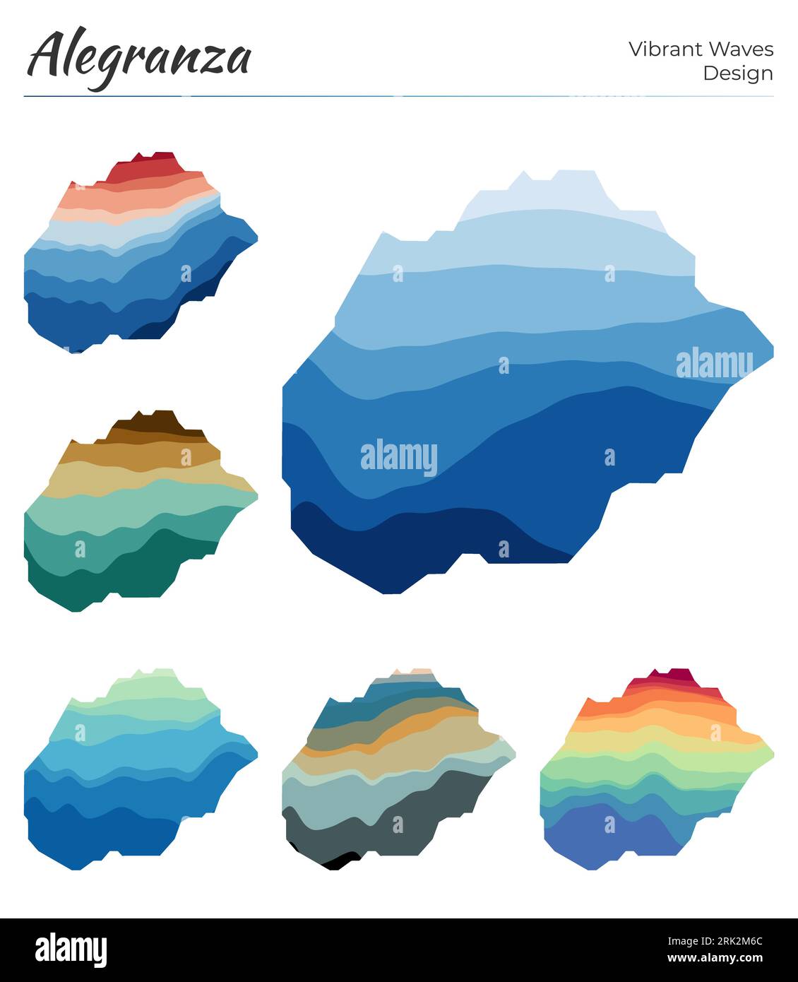 Serie di mappe vettoriali di Alegranza. Design dalle onde vibranti. Mappa luminosa dell'isola in stile geometrico con curve lisce. Illustrazione Vettoriale