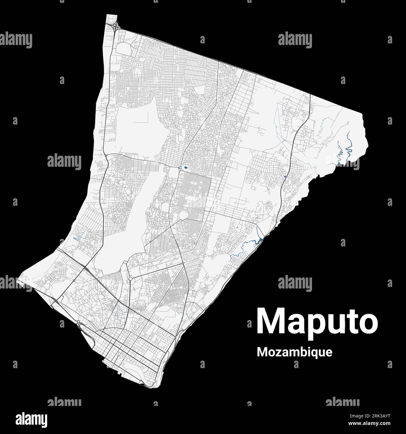 Maputo, mappa del Mozambico. Mappa dettagliata dell'area amministrativa della città di Maputo. Panorama urbano. Illustrazione vettoriale priva di royalty. Mappa stradale con autostrade, Illustrazione Vettoriale