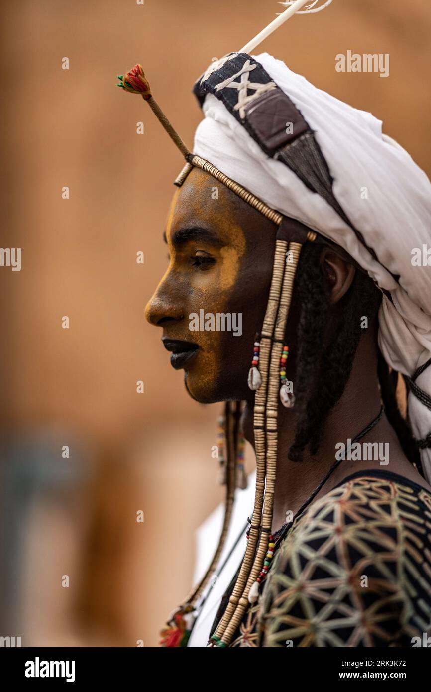 Il loro abito decorato include abiti in tessuto scuro, tatuaggi facciali, grandi anelli sulle orecchie, acconciature voluminose e gioielli appariscenti. Niger, Africa: Foto Stock