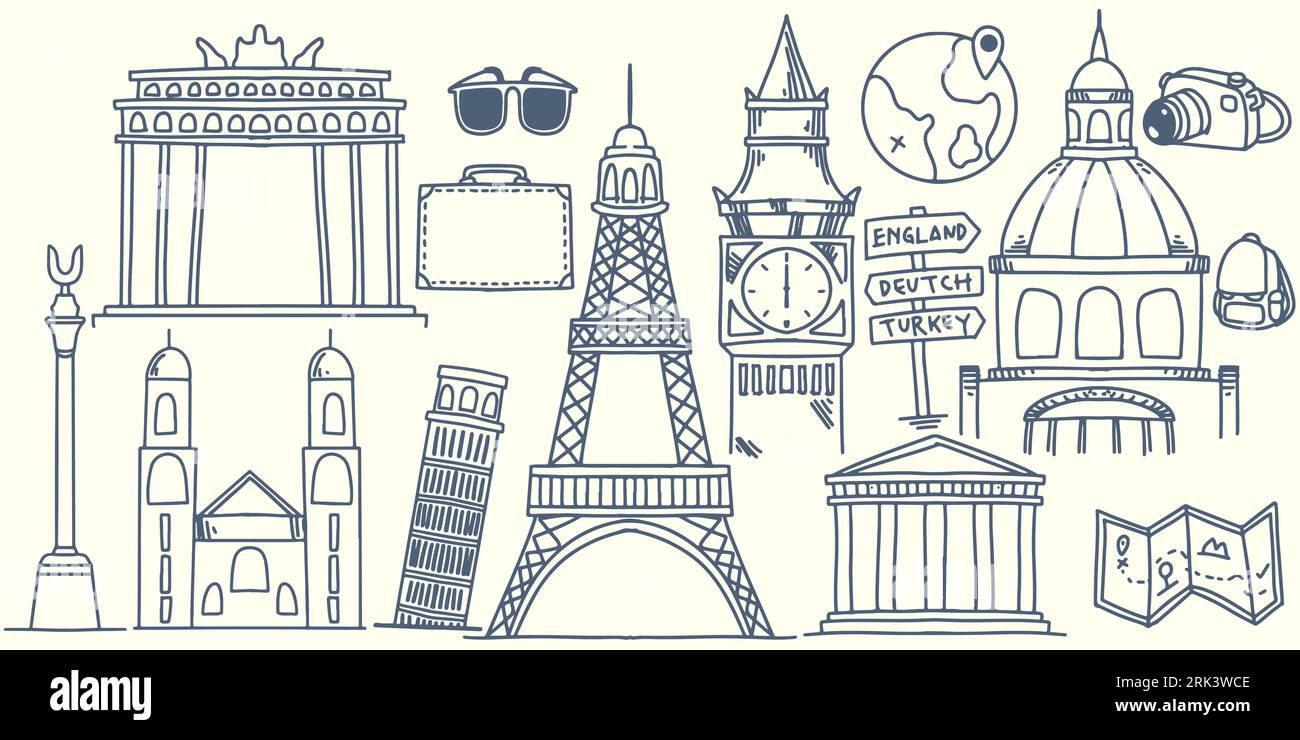 Disegnare a mano elementi di viaggio a doodle viaggio in europa con attrezzature turistiche, iconico punto di riferimento europeo come Big bang, Torre eiffel, palazzo, chiesa, museo, Illustrazione Vettoriale